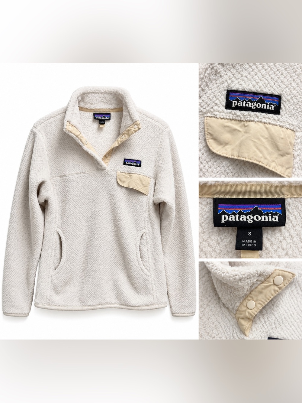 Patagonia Women's Cream Sherpa V-Neck Pullover with Tan Trim